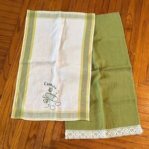Vintage Linen Tea Towel Set Green White Embroidered Cucumber & Lace Trim Kitchen